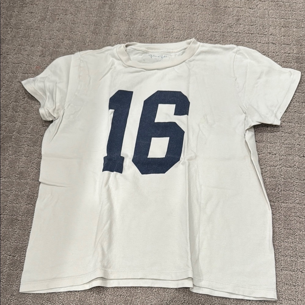 White and Blue Short Sleeve Tee with Bold Graphic